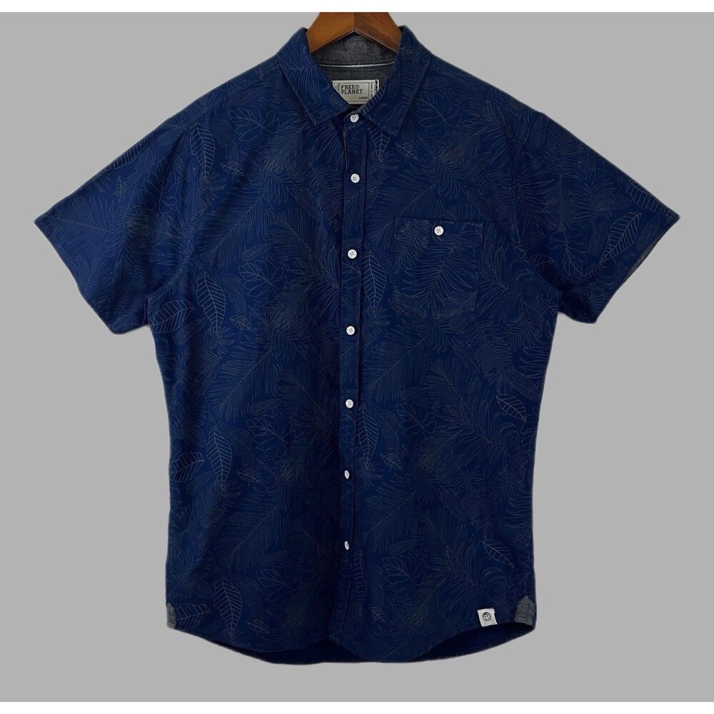Free Planet Men's L Blue Floral Pocket Short Sleeve Button-Up Point Collar